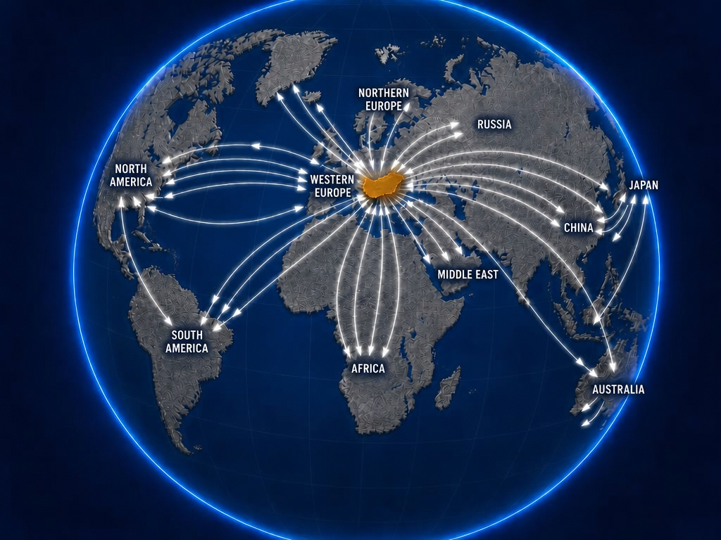 Multicont's global freight network — from Hungary to Europe, China, the Middle East, Africa, and the Americas